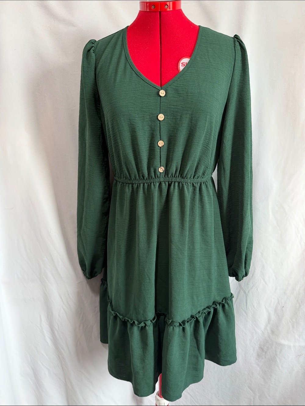 Women's Forest Green Long Sleeve V-Neck Button Tiered Dress